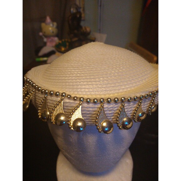 Womens Fancy Church Derby Wedding Hat White With Hanging Gold Pearls (not real) main image 9